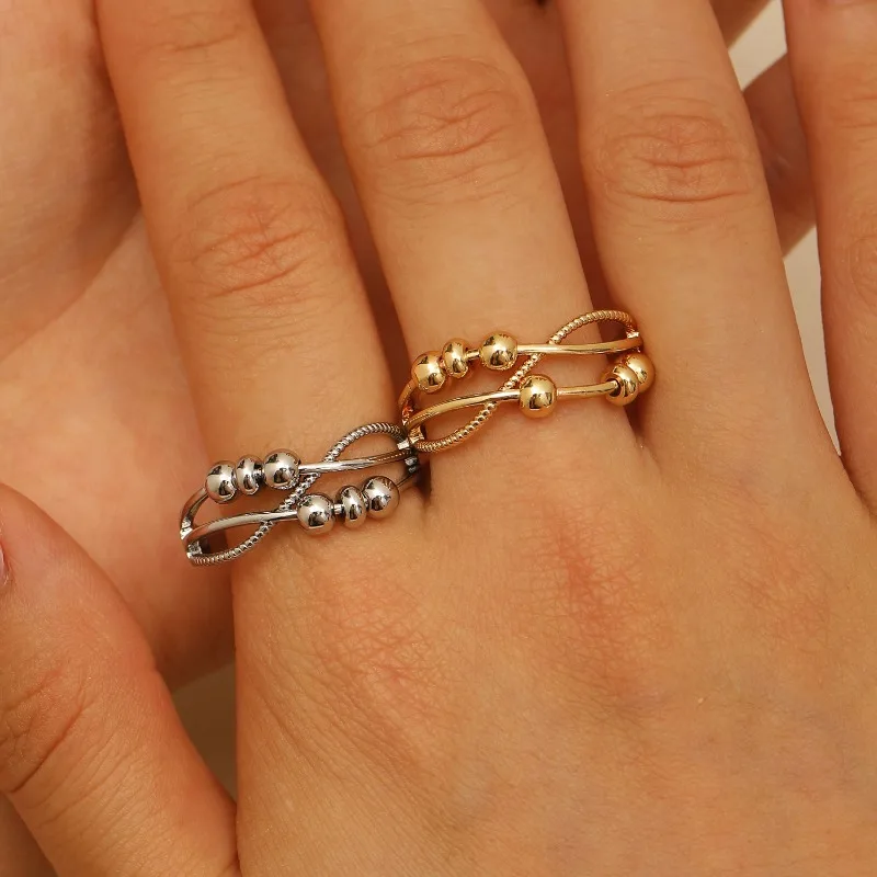 

Tibetan Silver Decompression Double-layer Cross Lucky Bead Opening Hollow Ring for Women Fashion Jewelry Wearable for Party