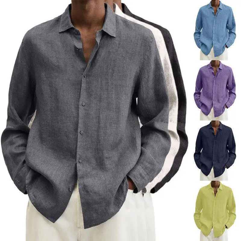 Men's luxury fashion new season solid color long sleeved V-neck loose button cotton and linen cardigan shirt men's top