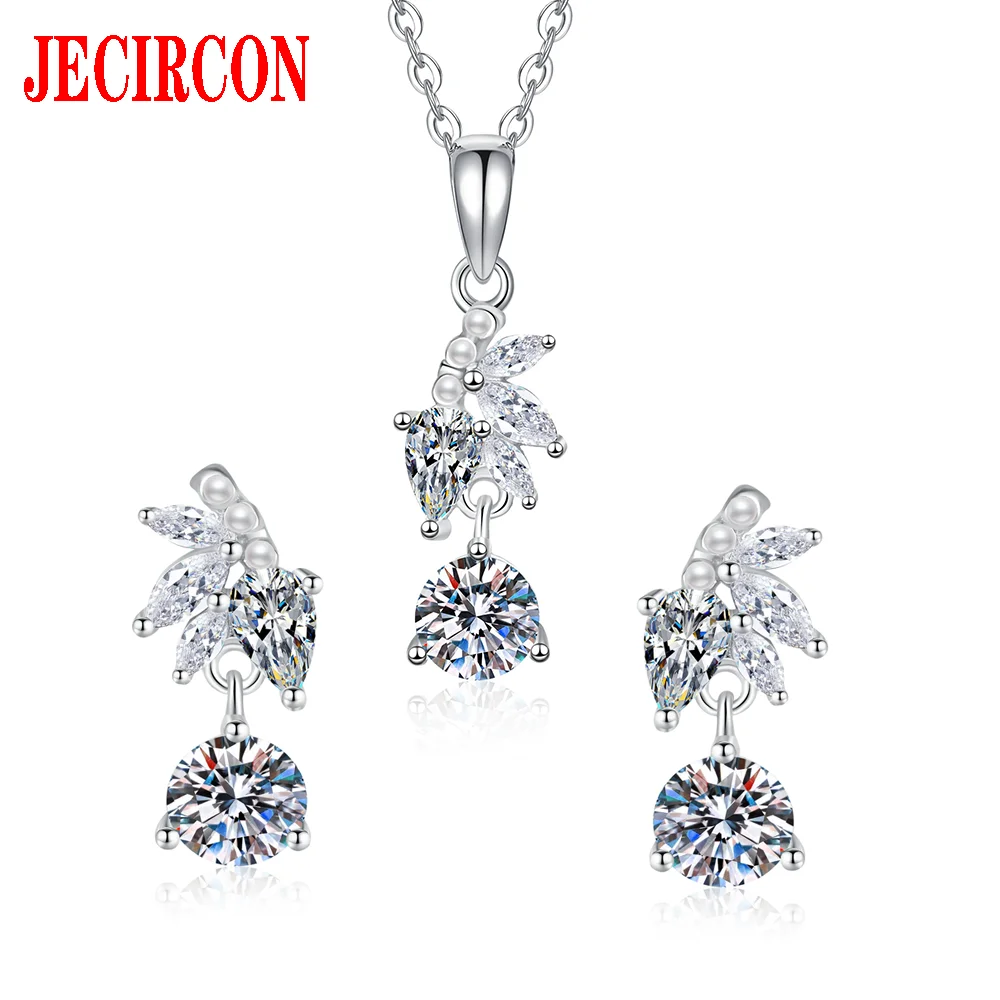 

JECIRCON Комплект ювелирных изделий из стерлингового серебра S925, серьги-гвоздики и ожерелье с блестящим муассанитом, мини-жемчугом и цирконами для женщин