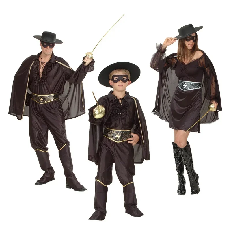 Disfraz de Zorro para hombre y mujer, ropa de espadachín de héroe negro, capa, chaqueta, máscara de ojos, cinturón, pantalones, sombrero, vestido de fiesta para niños