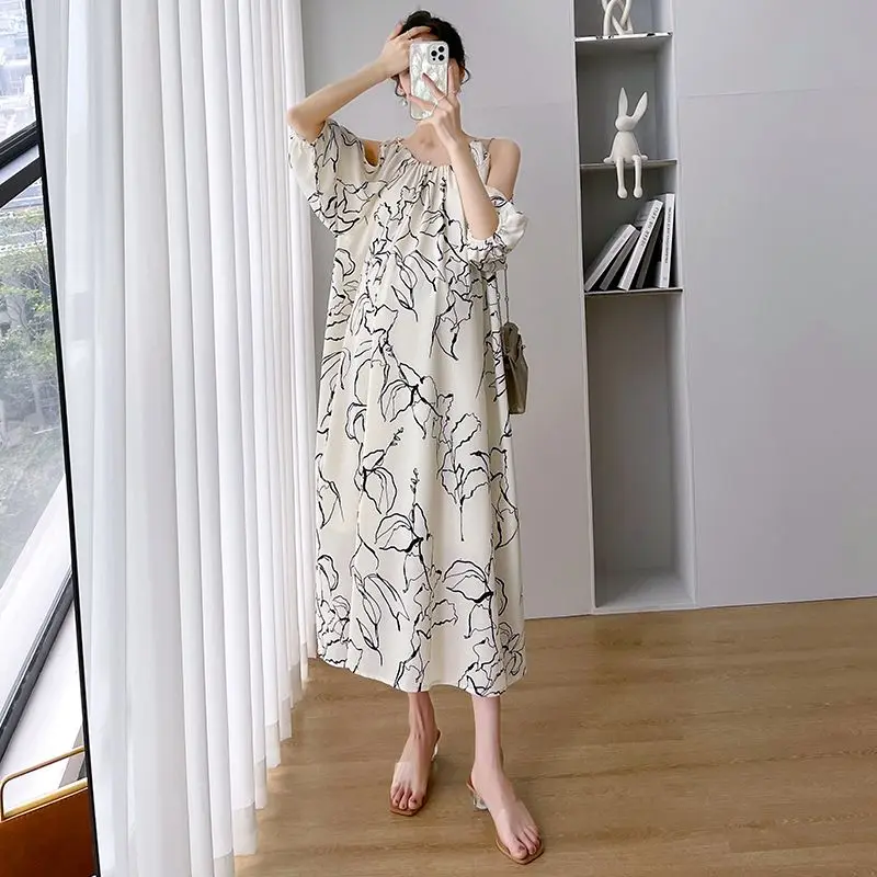 2023 New Arrival Pregnant Women's New Large Women's Chiffon Maternity Dress Printed Round Neck Pregnant Women's Dress LE986