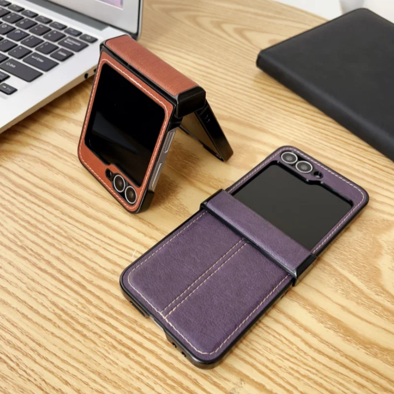 Fashion Calfskin Leather Skin Texture Phone Case for Samsung Galaxy Z Flip 6 5 4 3 5G Lens Protect Matte Shockproof Bumper Cover
