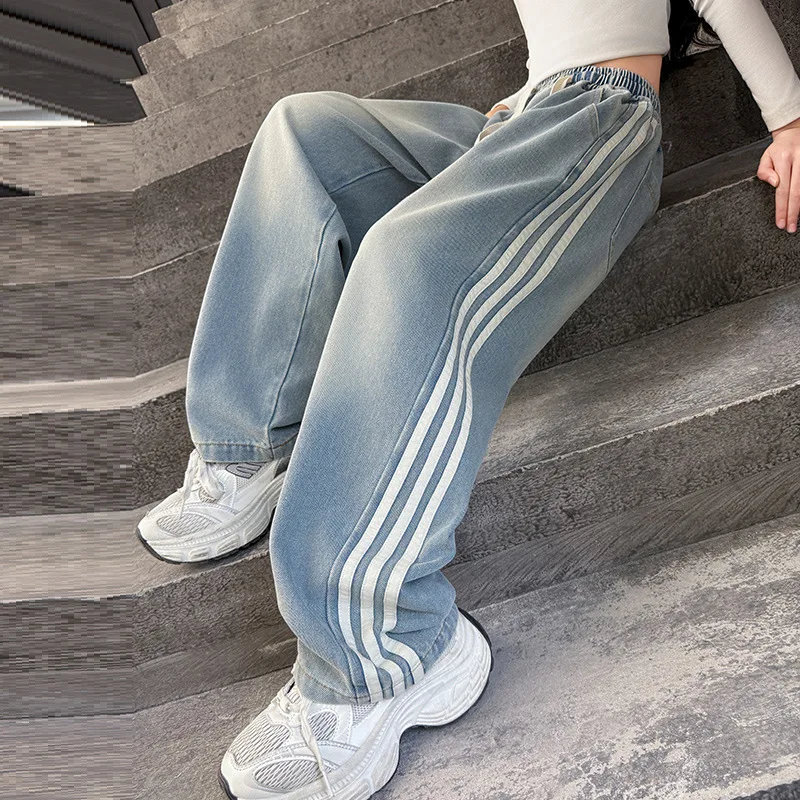 Girls' striped Jeans Spring Children's Fashionable wide leg pants Korean version Autumn medium and large Kids versatile Pants