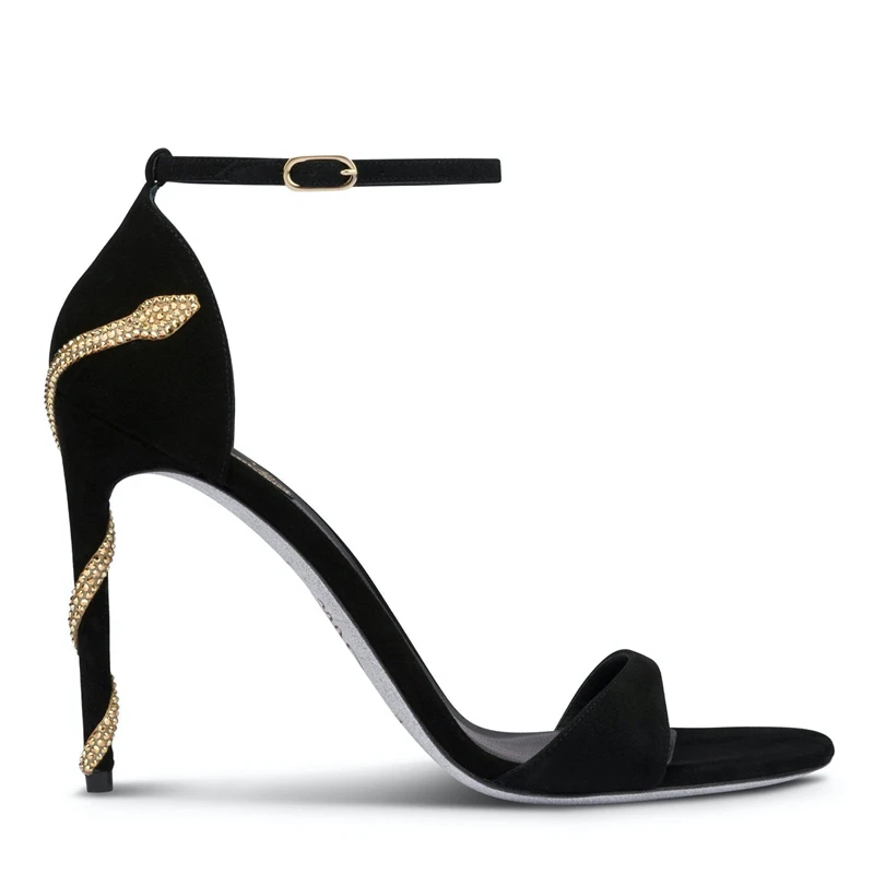 

Summer Twined Gold Rhinestone Snake High Heels Sandals Open Toe Black Suede sexy Woman Ankle Strap Banquet Shoes
