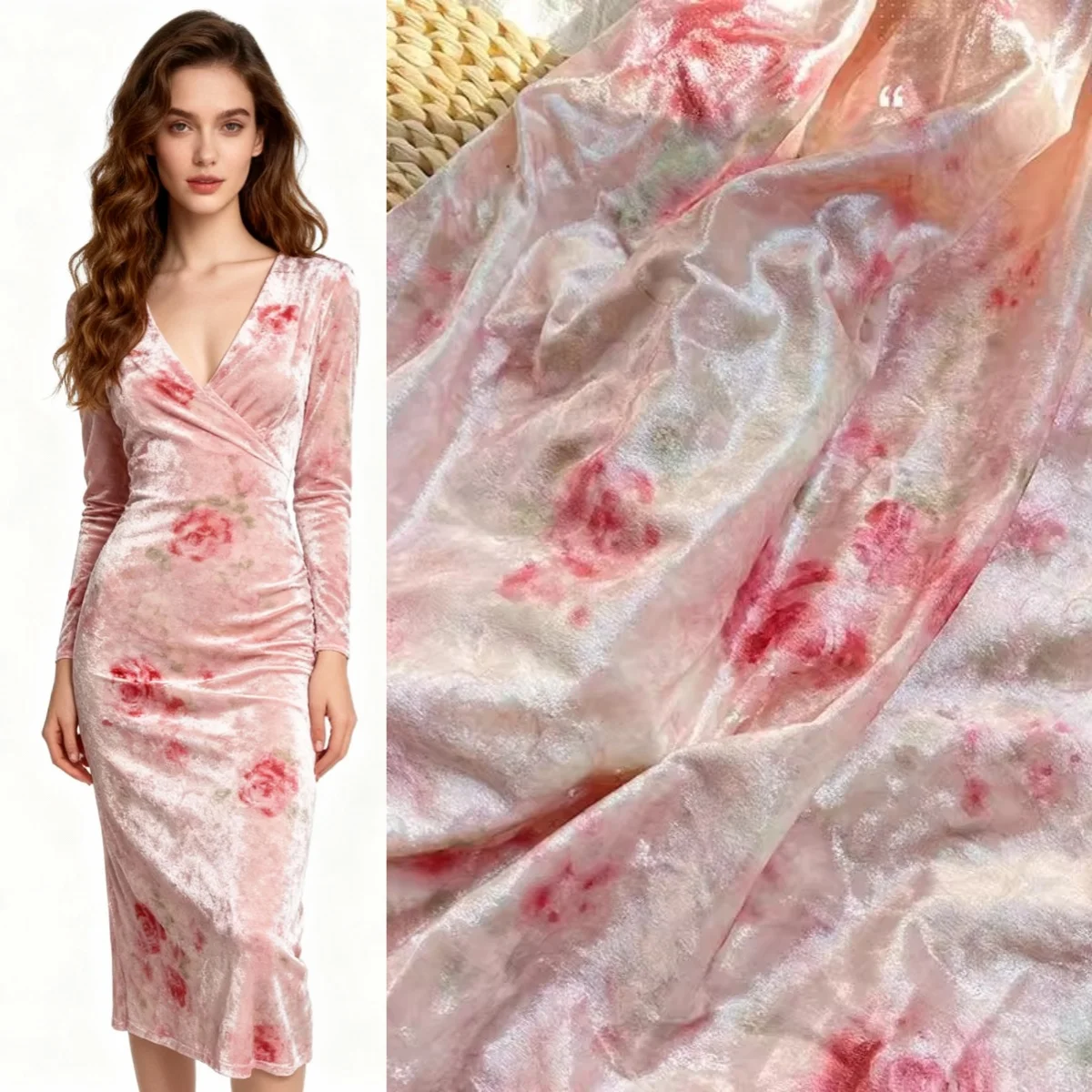 Autumn and Winter Rose Pink Printed Velvet Soft Fabric Sewing Cheongsam Evening Dress Tablecloth Decoration Handmade Fabric