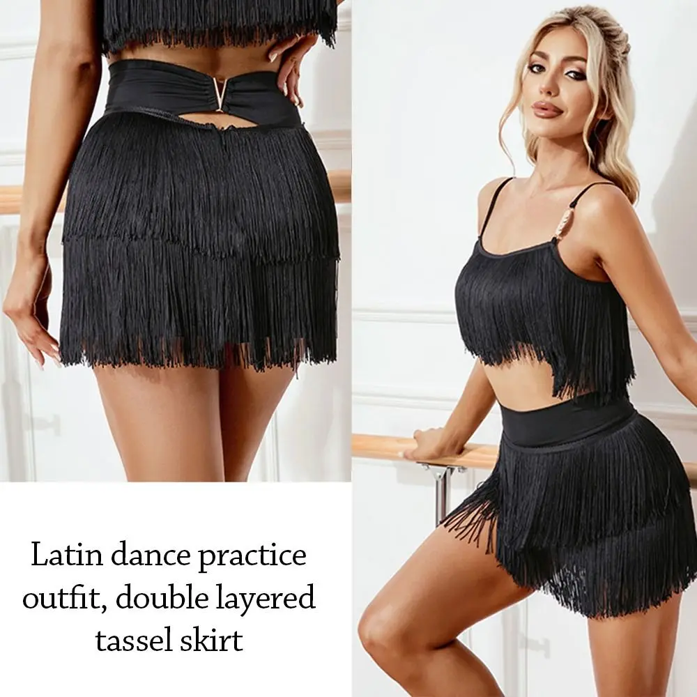 Falda de baile latino con borlas, traje de escenario profesional, falda de baile de Rumba, falda de baile de Samba de doble capa ajustable para mujer