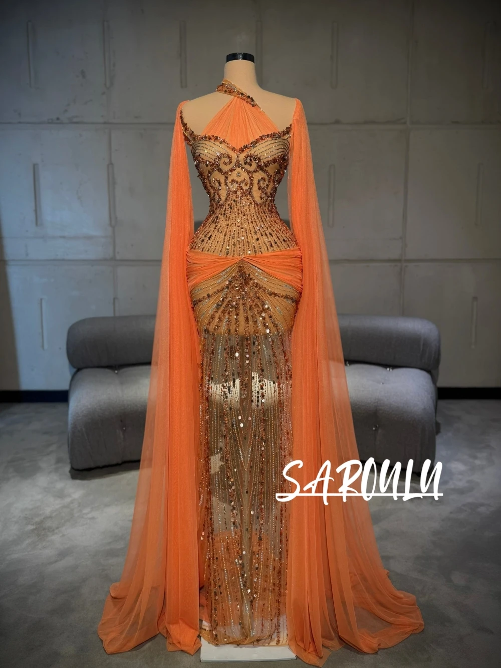 Asymmetrical Neckline Beaded Shiny Evening Dress With Long Cape See Through Straight Gorgeous Chic Prom Gown Customized