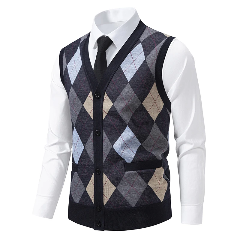 Vintage Checkered Vest Sweater for Men Knitted Cardigan Waistcoat Fall Clothes Elegant V Neck Man Business Sleeveless Sweater view 4