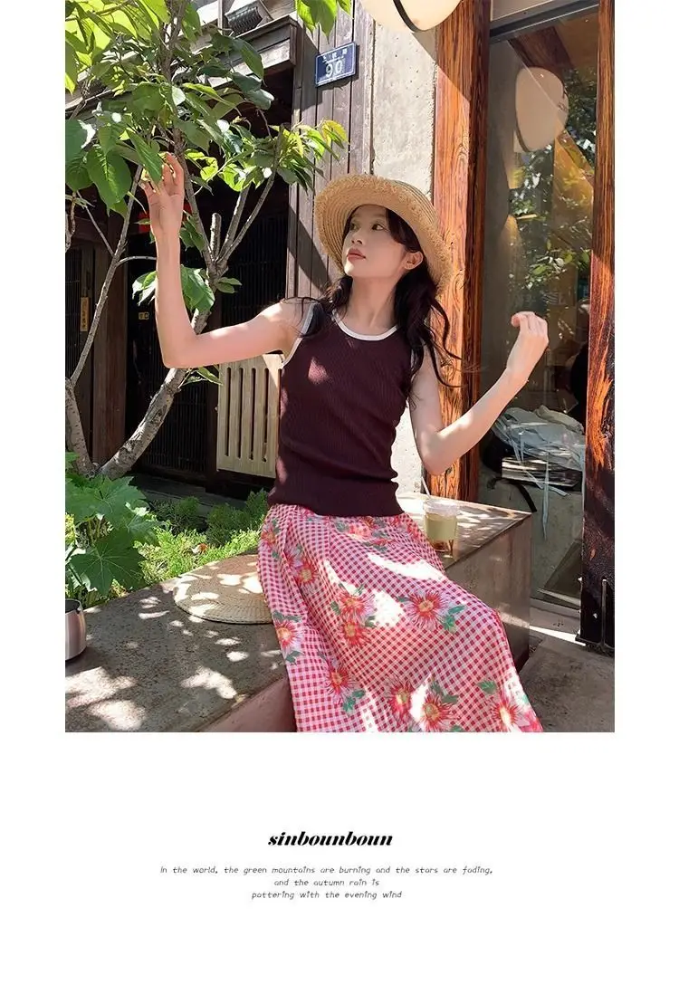 Rural Style Korean Fashion Red Plaid Flower Pattern Skirts Mid Length A-line Full Skirts Sweet Young Women Girls Beautiful Skirt