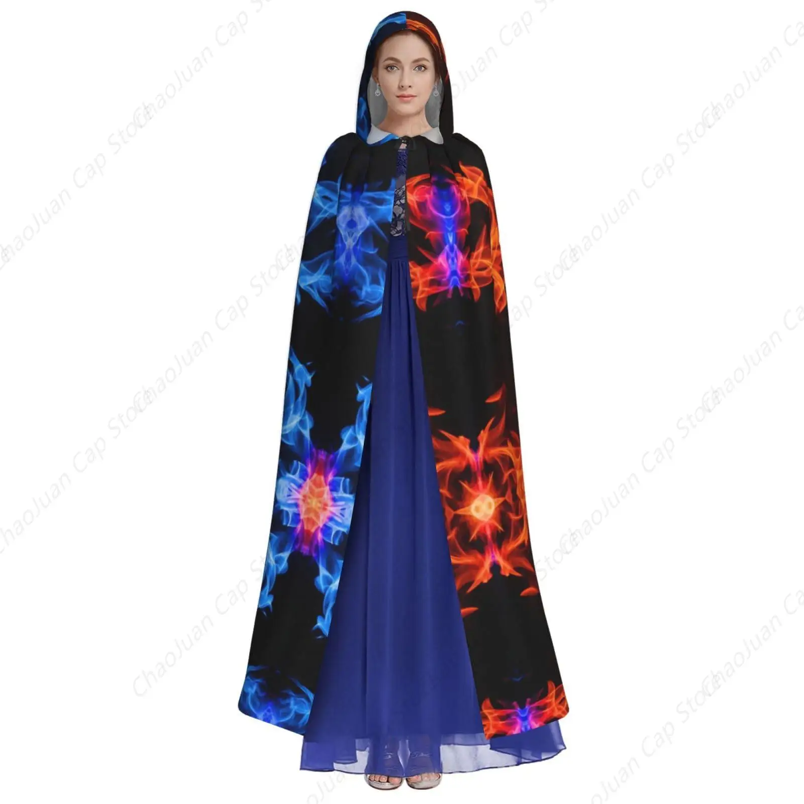 Halloween Robe Hooded Cloak Costume, Full Long Hooded Cloaks Cape Knight Cloak for Adult, 58 inch (Red Blue Fire Balck Cloak)
