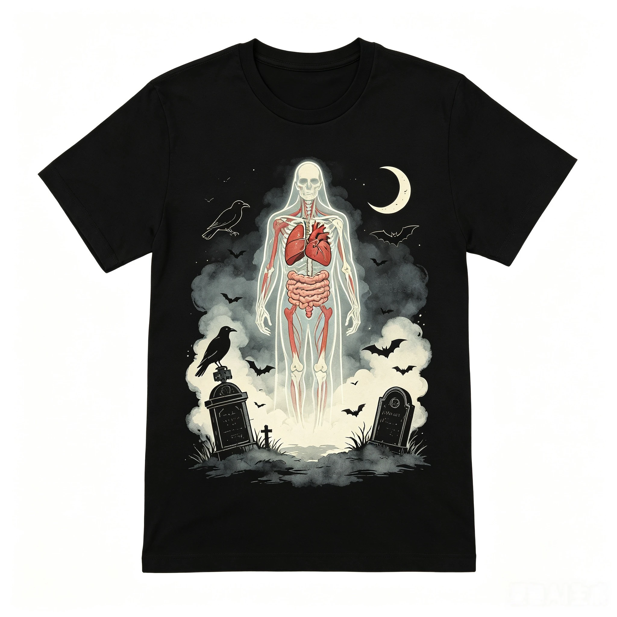 Retro Dark Human Organs Pattern Men's Round-neck T-shirt, Glowing Spirit, Graveyard Body, Crow, Halloween Gothic Style T-shirt
