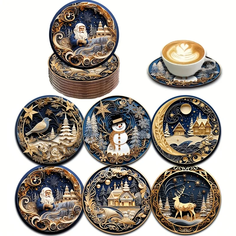 2D Christmas Atmosphere Wooden Coaster Desktop Protection Home Decor Restaurant Decor Party Seasonal Decor Housewarming Gift