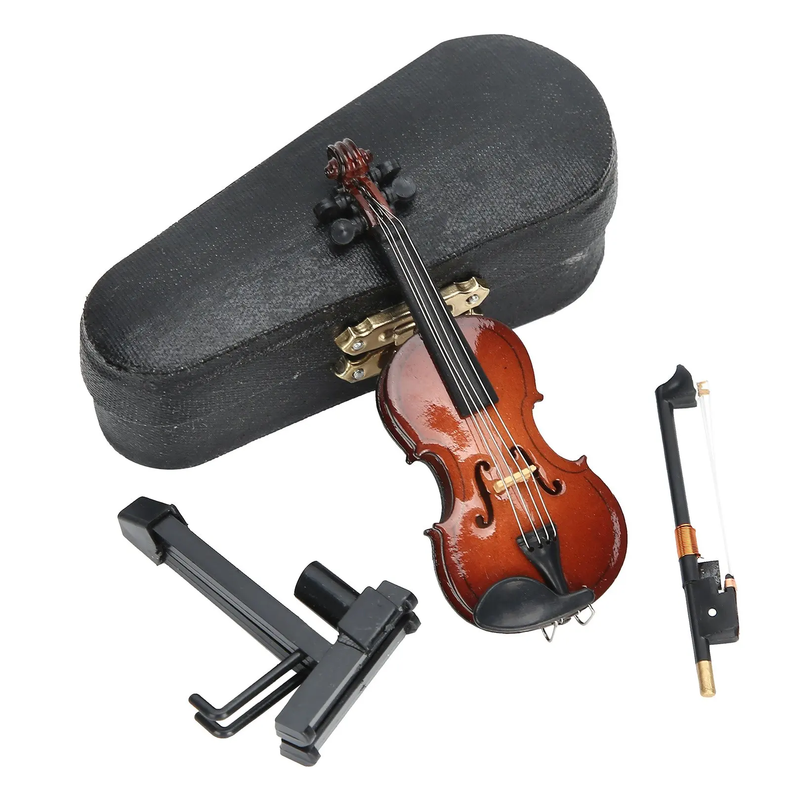 Mini Violin Model Miniature Musical Instrument Toy with Stand Case Craft Decorations