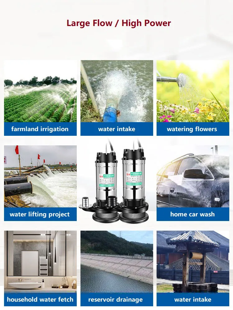 220V Stainless Steel Water Pump Submersible Sewage Pump Home Car Wash Watering Vegetable Agricultural Irrigation High Head Flow