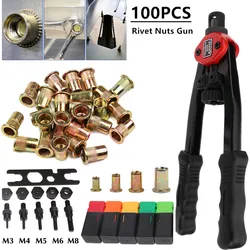 100pcs Rivet Nut with Hand Threaded Rivet Nuts Gun BT606 M3 M4 M5 M6 M8 Double Insert Manual Riveter Gun Riveting Rivnut Tool