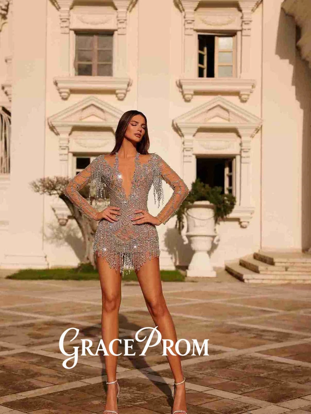 

GraceProm Dazzling Fringed Evening Dress 2026 Silver Sequin Carpet Gown Romantic A-Line Above-Knee Party Gown فساتين سه