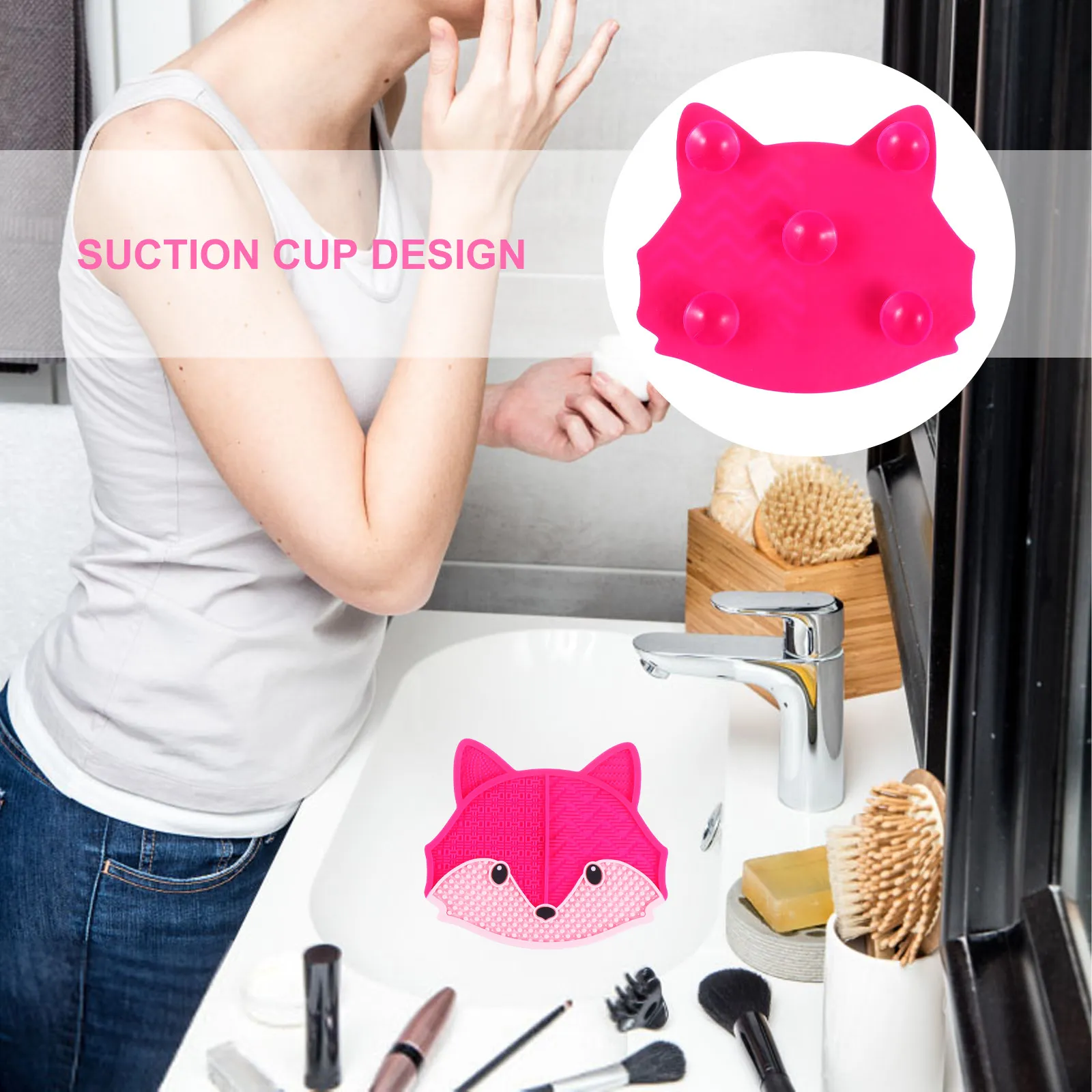Tapis de nettoyage pour pinceaux de maquillage en silicone motif renard avec base à ventouse pour pinceaux de fond de teint et anticernes