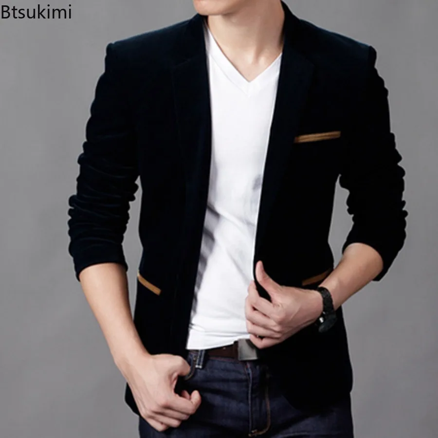 

High Quality Men's Corduroy Suit Jackets Spring Autumn Fashion Business Casual Dress Suit Classic Single-button Men Slim Blazers