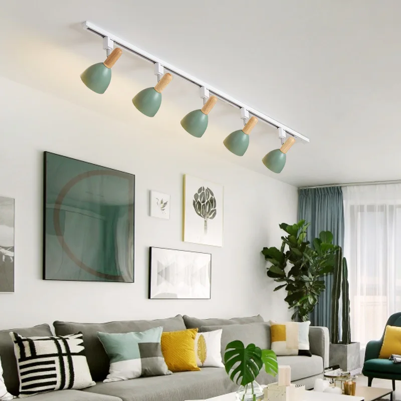 Luz de pista led rotativa de 15w, sistema de trilho de teto de madeira nórdico, holofote para sala de estar, fundo de parede, quarto, quarto de crianças