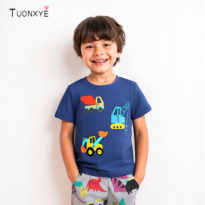Koszulki dla małych chłopców TUONXYE z motywem kreskówkowym: ciężarówki i koparki, letnie koszulki dla niemowląt, nowe, codzienne stroje dla dzieci.