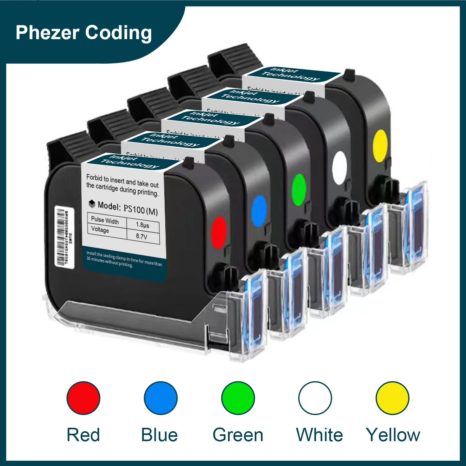 Phezer A Level PS100 Ink Cartridge Quick Dry 12.7mm Original White/Yellow/Black/Red/Bule/Green High Adhesion Printer Parts