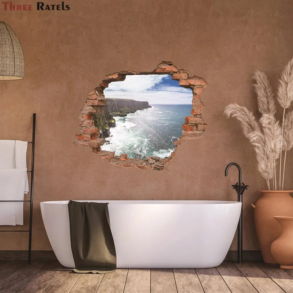 Three Ratels WF119 3D Broken Wall View Blue Sky And White Cloud Self-adhesive Wallpaper Room Decorate