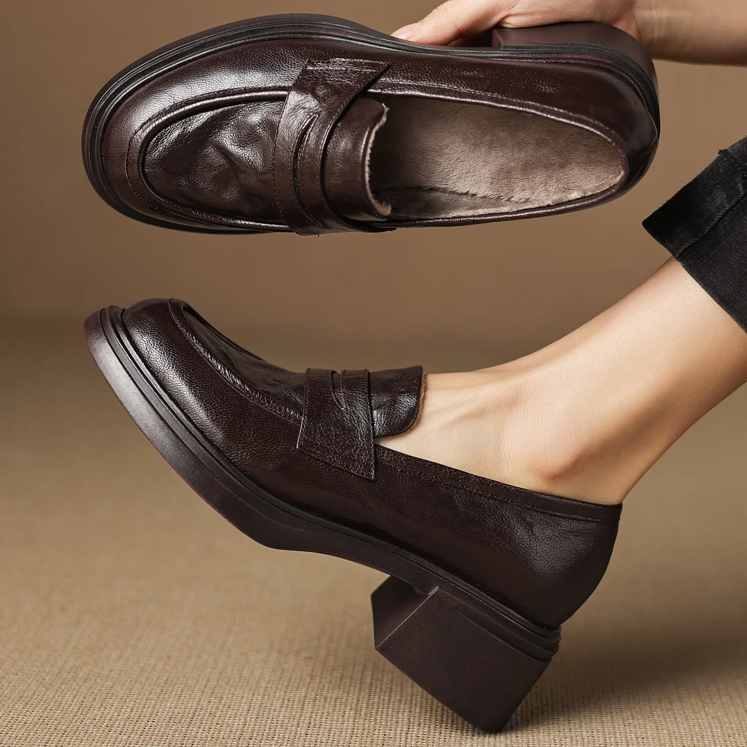 

Women's sheepskin round tow short plush slip-on loafers 5.5cm chunky heel platform casual female daily moccasins shoes for woman