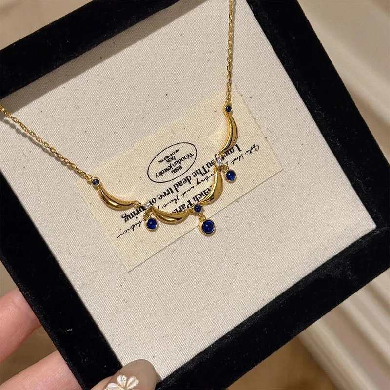 Foxanry Gold Color Blue Zircon Necklaces For Women Girls Vintage Elegant Exquisite Sweet Clavicle Chain Anniversary Jewelry Gift