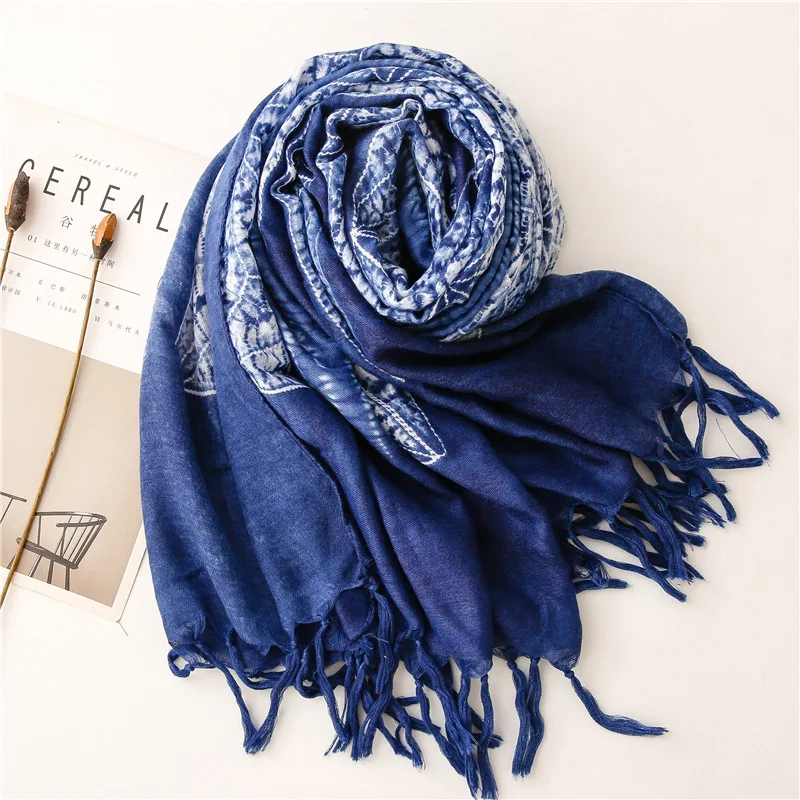 2020 New Cotton Flower Print Tie-dye Tassel Scarves Shawls Long Muslim Soft Floral Muffler Scarf Hijab Wrap Wholesale