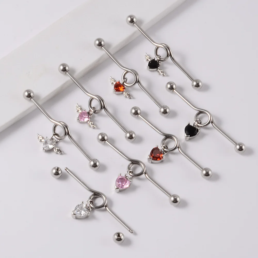 1pcs Crystal Heart Wing Industrial Barbell for Women Men Steel CZ Cartilage Helix Earrings Stud Body Piercing Jewelry Oreja