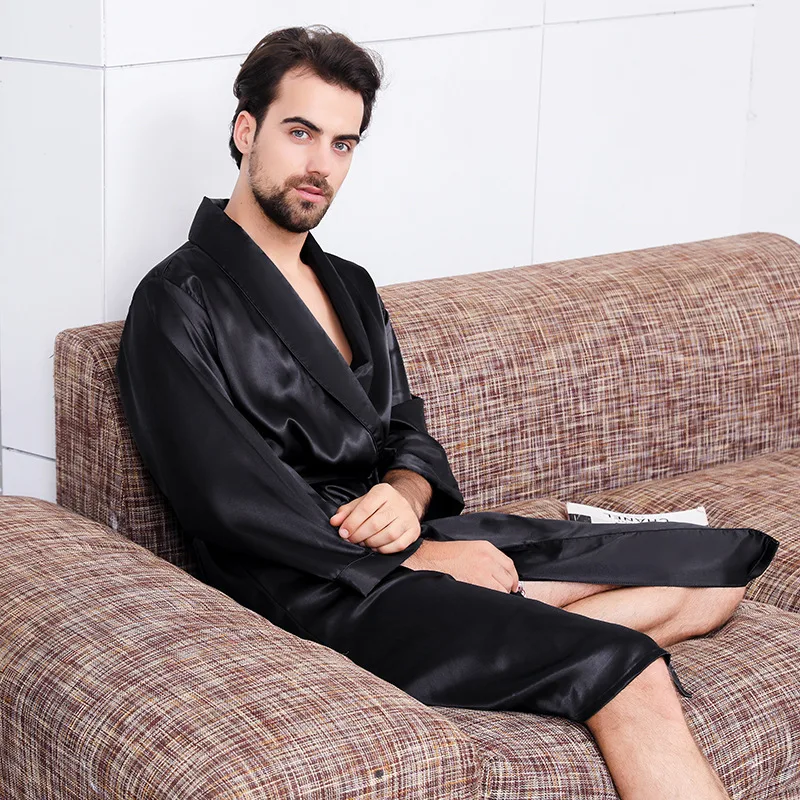 Large Size Men Robe Kimono Bathrobe Gown with Pocket Black Silk Satin Sleepwear Nightwear Spring Summer Homewear 5XL 6XL 7XL