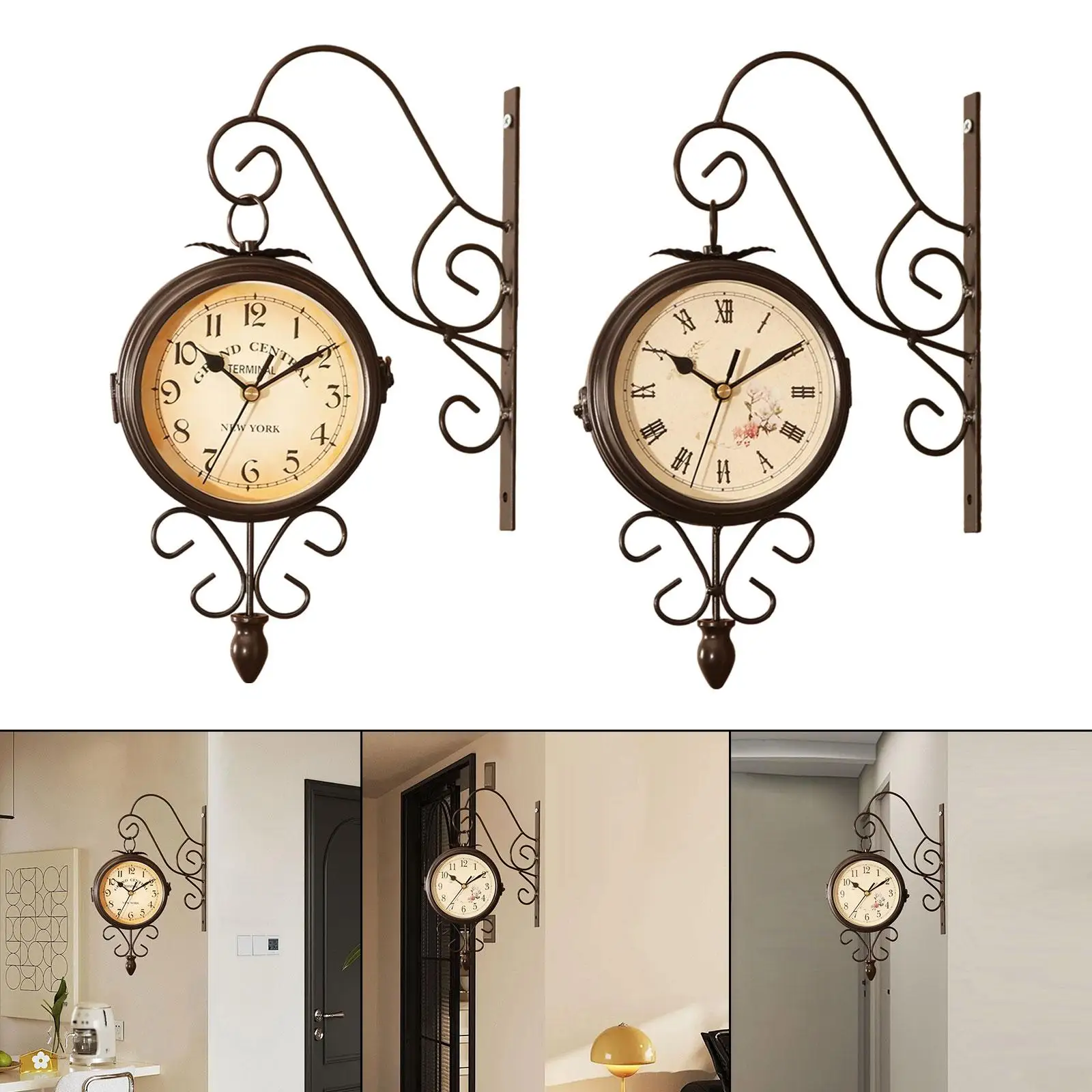 Doppelseitige Wanduhr, geräuschlos, um 360 Grad drehbar, Kunstdekor, Retro-Design, 4,72 Zoll, für Küche, Balkon, Garten, Schlafzimmer, Büro
