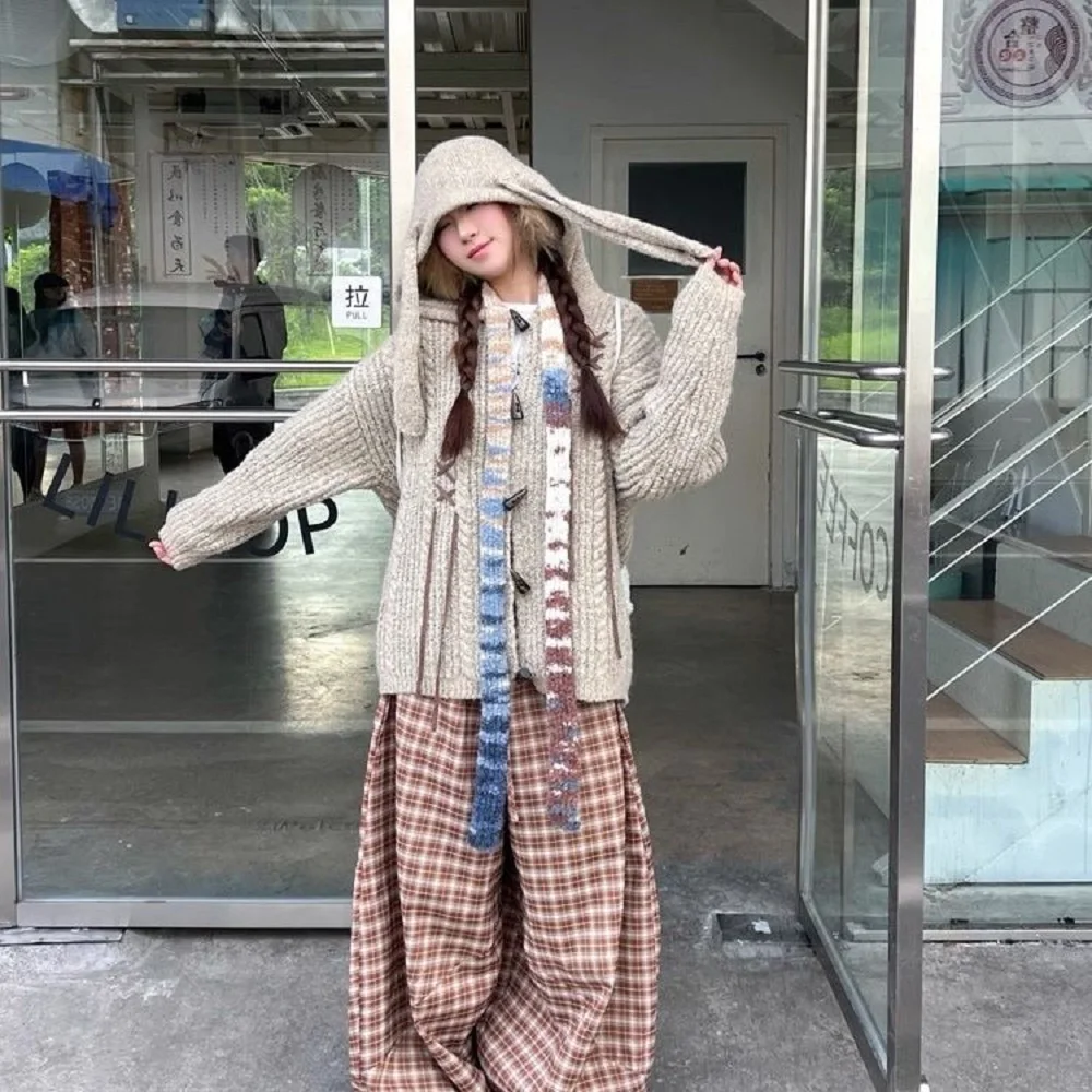 

American Retro Rabbit Ear Hooded Knitted Sweater Women Autumn Winter New Loose Ox Horn Buckle College Style Lazy Jacket