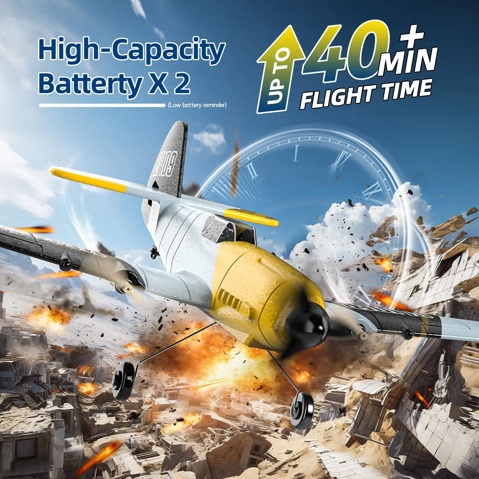 DEERC RC Plane BF-109, 3 canales, 2,4 GHz, giroscopio de 6 ejes, planeador RTF, 2 baterías, Easy Fly para adultos, niños, principiantes