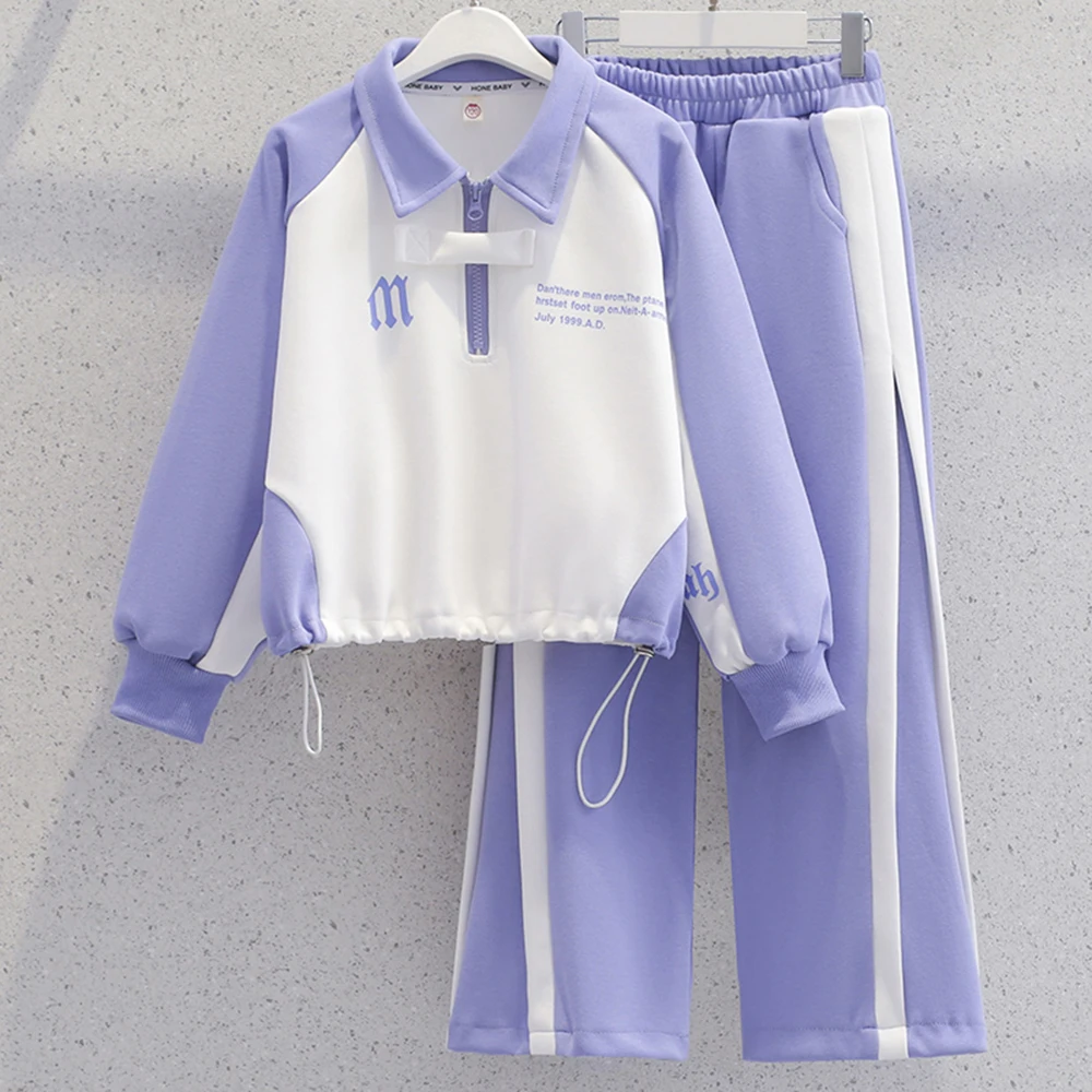 

Спортивный комплект с цветными блоками для девочек, топ с длинными рукавами, длинные брюки с эластичной резинкой на талии, мягкая удобная детская спортивная одежда для тренировок