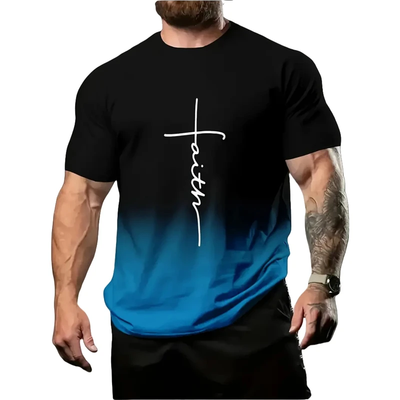 Trend Gradient Letters Graphic T Shirts For Men Fashion Summer Streetwear 3D Printed Crew Neck T-shirts Cool Oversized Tees Tops
