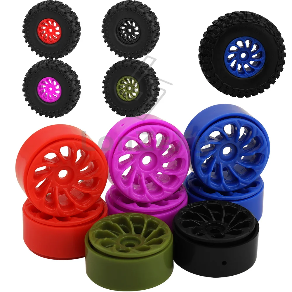 4Pcs Plastic Rims Rubber Tires Wheel Set For 1/24 1/28 Mini RC Crawler Car Off‑Road Upgrade Replacement Parts Style O