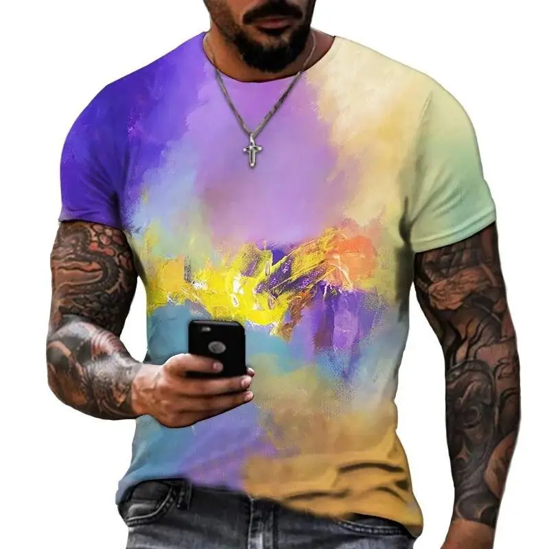 Herren 3D-Volldruck-T-Shirt Buntes Abstraktes Ölgemälde Splash Rundhals Casual Sommer Street Top – Detail 2