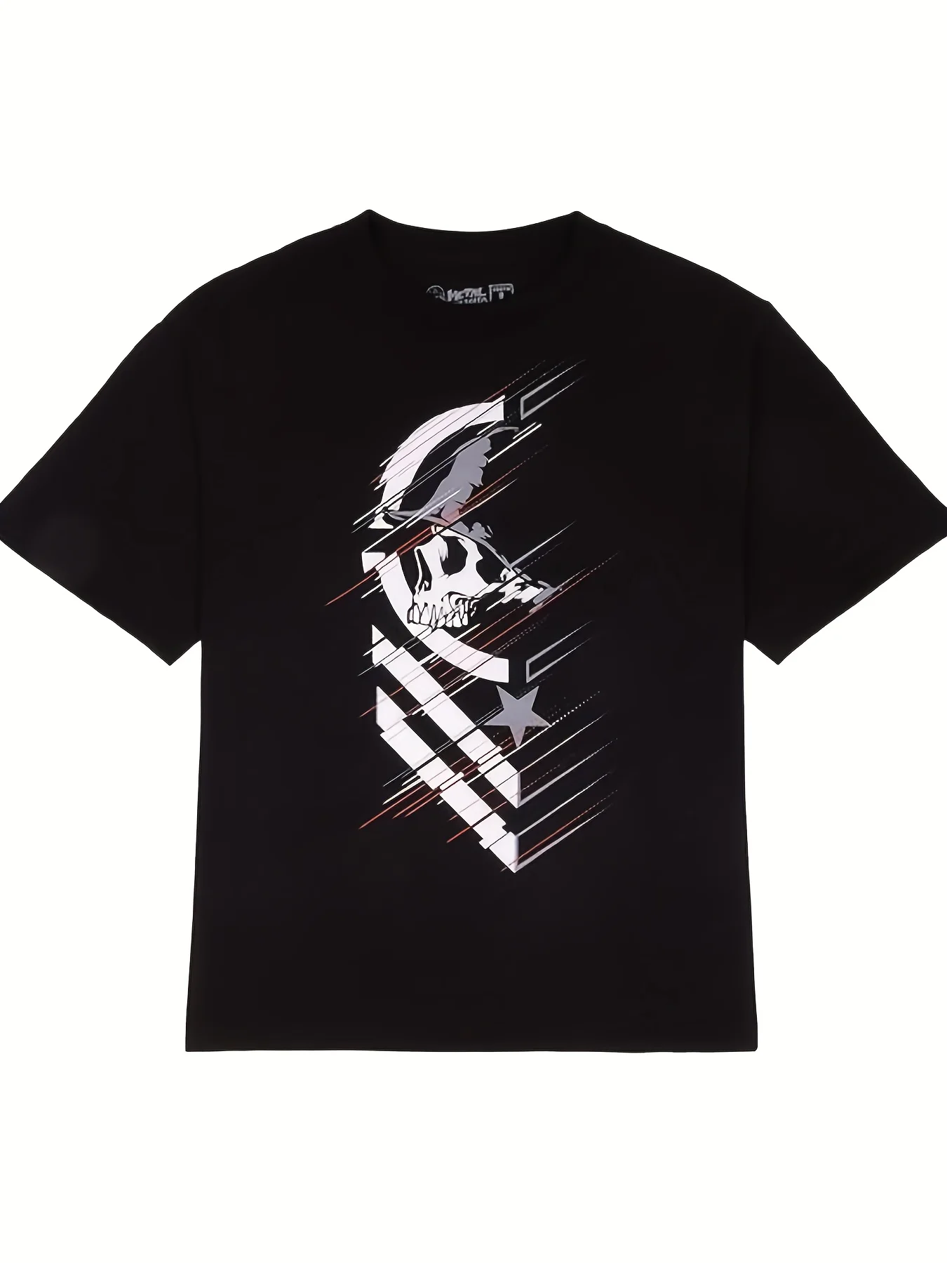 

Men's Metal Mulisha Pattern T-shirt -100% Cotton, Round Neck, Short Sleeve, Black Retro Skull and Flag Printed T-shirt