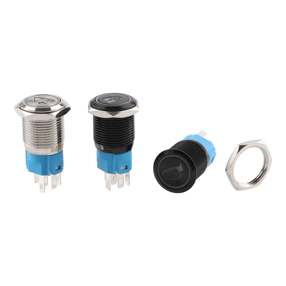 16mm 12V Customization Metal Push Button Switch with Ring Lamp LED Fan Horn Logo Flat Pushbutton Illuminated for Car Refitting