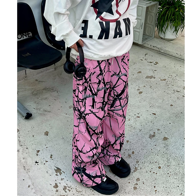 Pink Thorn Branch Printed Pants Camouflage Casual Pants Japanese Streetwear Trousers Harajuku Cargo Pants Men