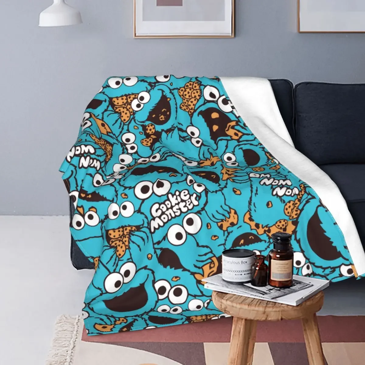 Cookie Monster Nom Nom Nom Pattern Blankets Coral Fleece Plush Summer Multifunction Warm Throw Blanket for Sofa Travel Quilt