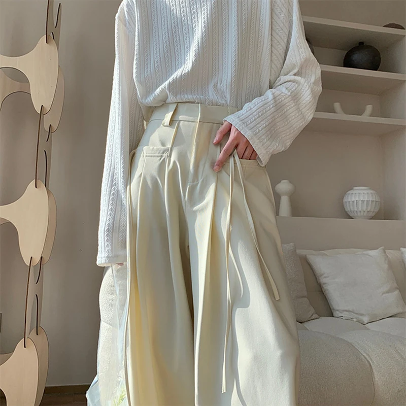 

Summer Mens Vintage Trousers Streetwear Solid Color Loose Wide Leg High Waist Pants Men Fashion Pleated Pockets Straight Pants