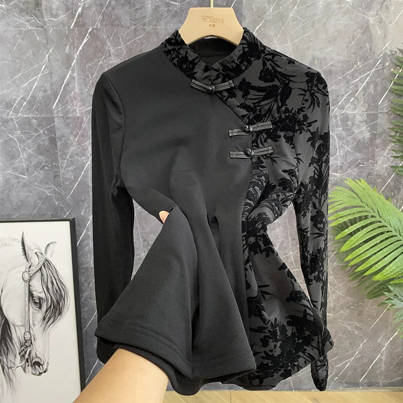 

Элегантный, стильный, модный женский топ в китайском стиле с флисовой подкладкой, кружевной вышивкой и пуговицами.