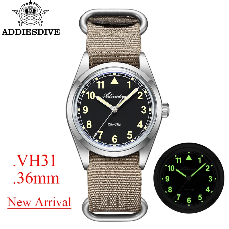 

ADDIESDIVE Retro Watch For Men 36mm Khaki Strap AD2079 Domed Glass AR Coated Waterproof 100m Luminous Leisure Wristwatch New