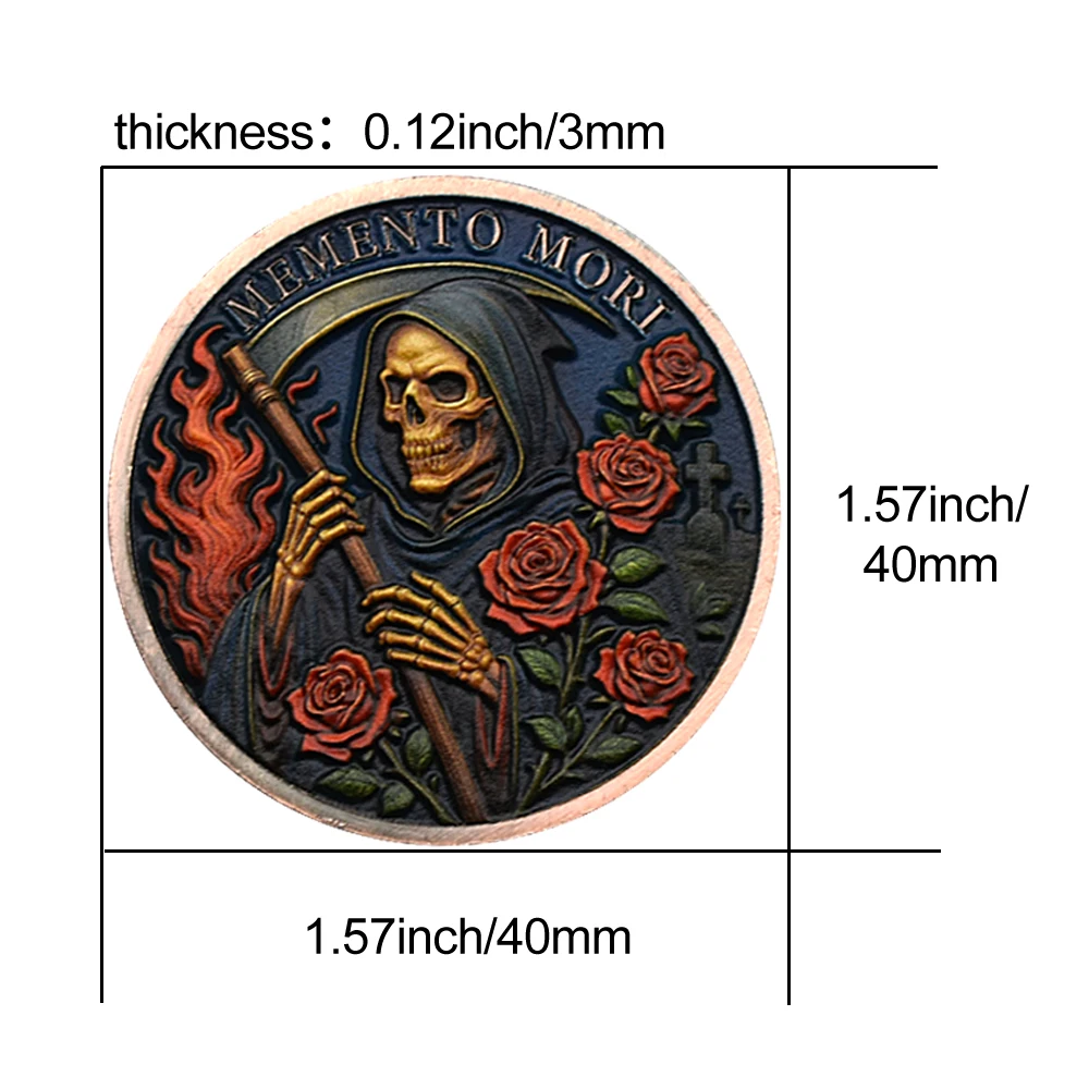 عملة تذكارية لإله الموت معدنية من سبائك الزنك MEMENTO MORI Crow Skull Challenge Coin مع مجموعة الشهادات هدية