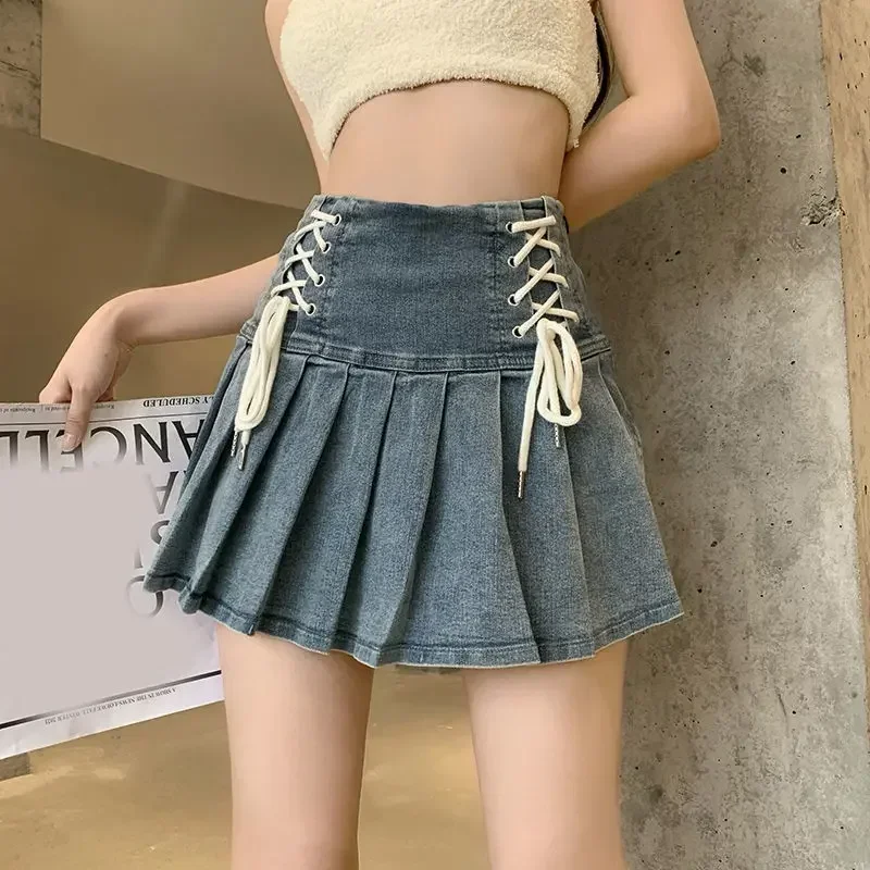 

Denim Pleated Skirt Korean Fashion Women Bandage High Waist A-line Cute Sexy Cargo Jean Mini Skirt Summer Y2k Girl