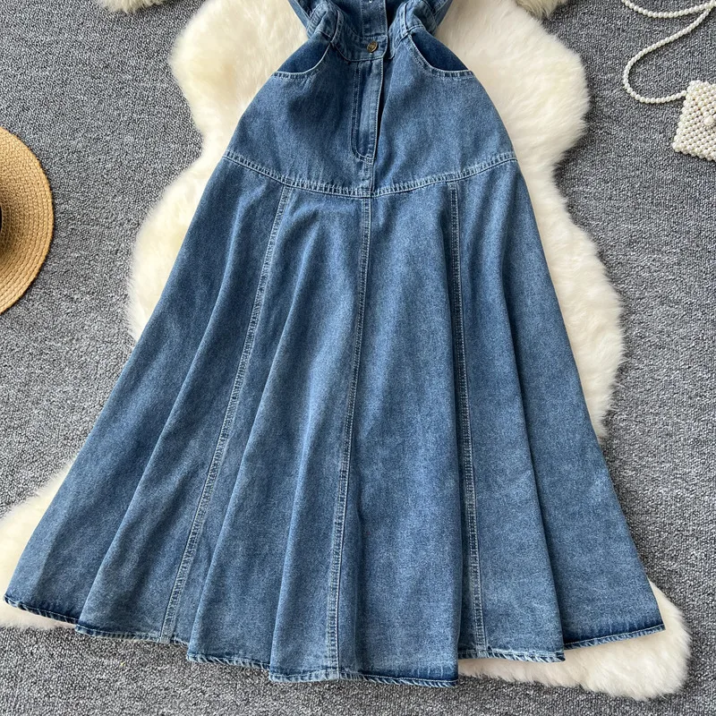 WTHT Fashion Women\'s Ruffled Edge Sleeveless Denim Long Dress 2024 Autumn O-neck Single Breasted Pleated Dresses Female 1LS125