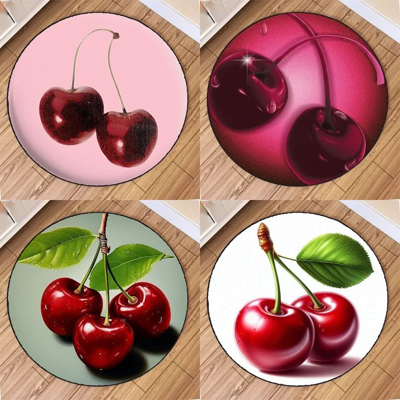 Transparent Cherry Print Round Rug – Soft Anti-Slip, Wear-Resistant Floor Mat for Living Room, Beautiful Circular Decor
