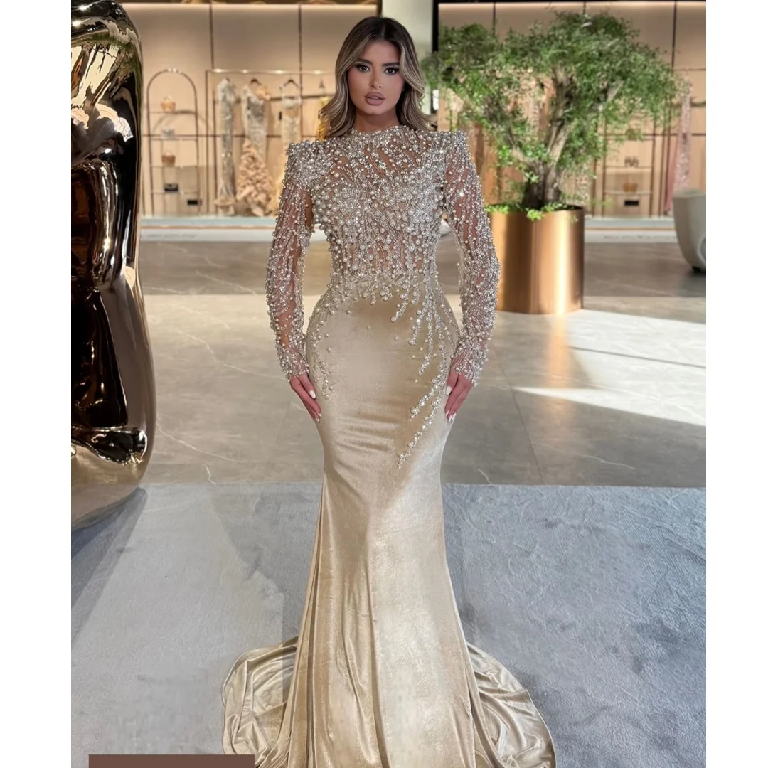 

Велюровые вечерние платья цвета шампанского, женское платье для выпускного вечера с длинными рукавами, вечернее платье ручной работы с жемчугом, платья русалки по индивидуальному заказу
